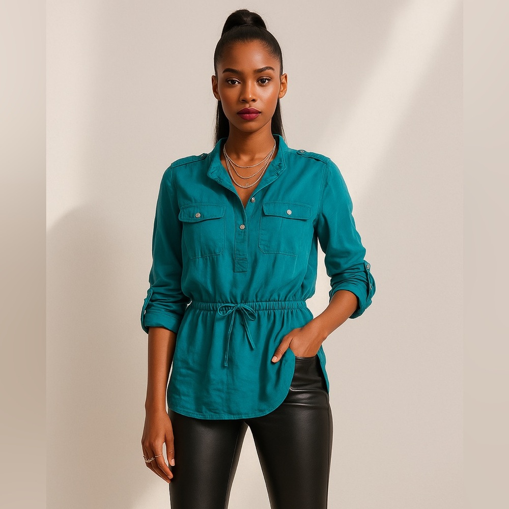 Michael Kors Blue-Green Teal Button Up Utility Shirt Top | Vintage Sheer Blouse - Picture 5 of 13